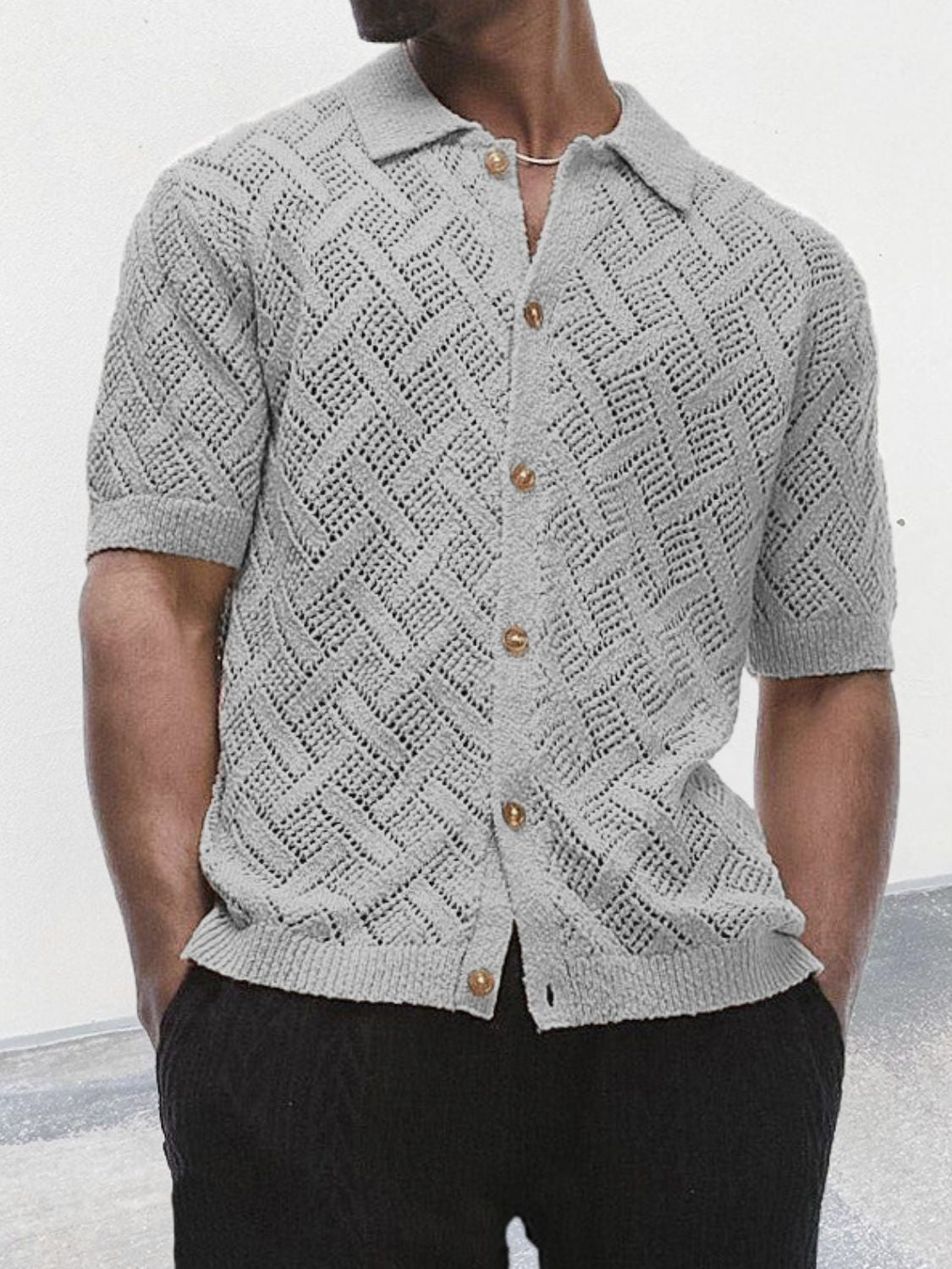 Men's Button Down Collared Neck Eyelet Knit Shirt Style