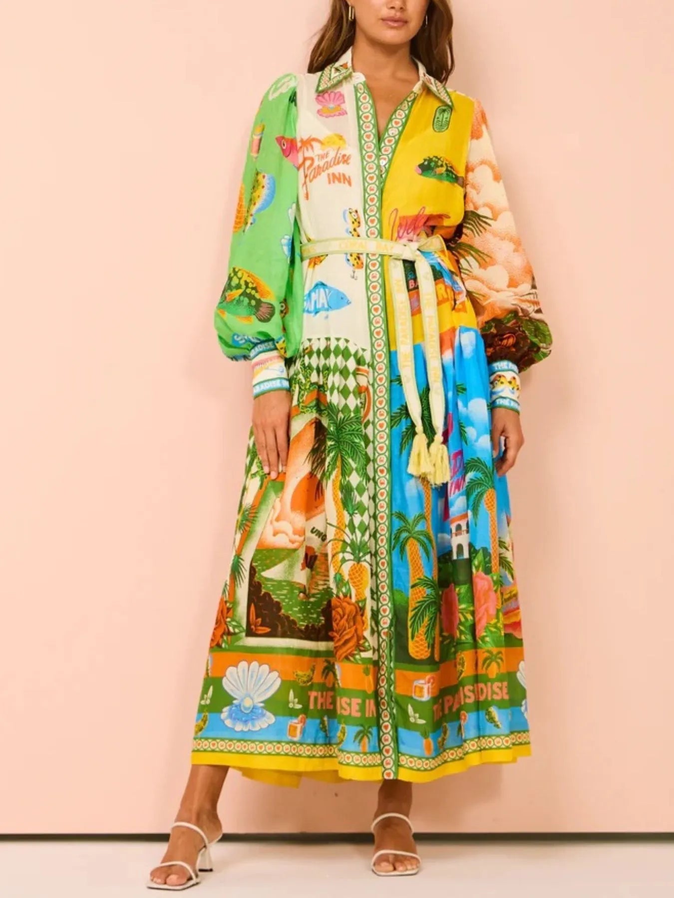 Printed Lantern Sleeve Midi Shirt Dress