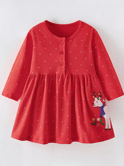 Children's Reindeer Polka Dot Button Detail Dress