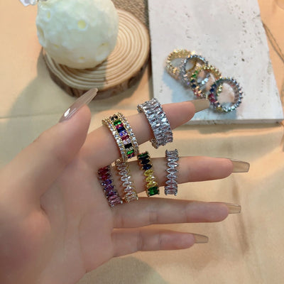 Micro-inlaid Colorful Crystals Ring Geometric Pattern