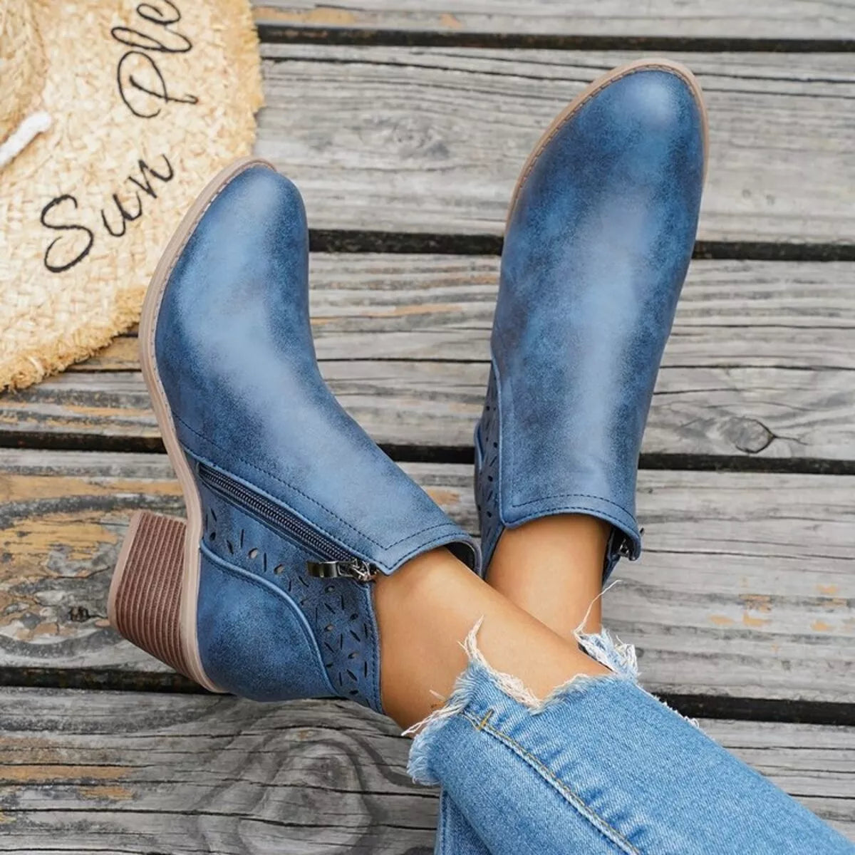 Block Heel Ankle Boots with Cutout Detail