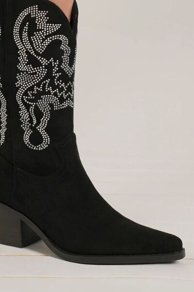 Beast Fashion Mid-Heel Suede Rhinestone Western Boots