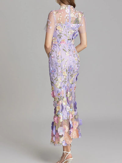Floral Embroidered Mesh Overlay Maxi Dress