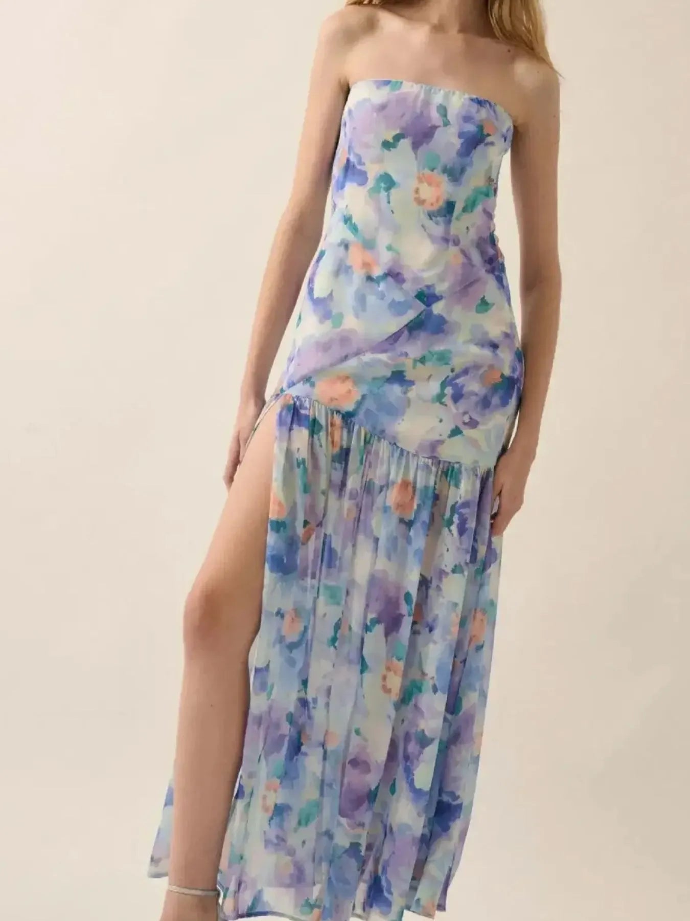Strapless Floral Maxi Dress with Side Slit