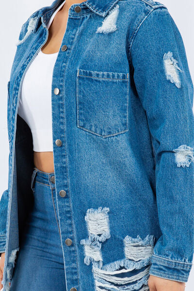 Chic Distressed Denim Jacket - Trendy Button-Up Long Sleeve Style