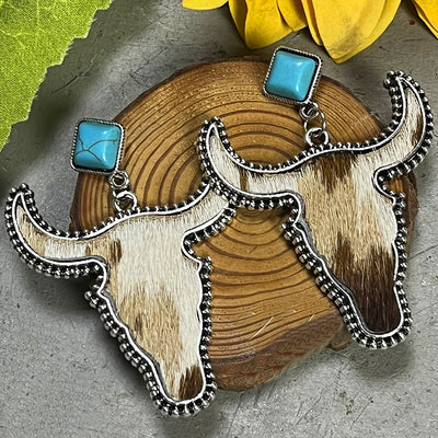 Western Boho Chic Turquoise Bull Head Dangle Earrings