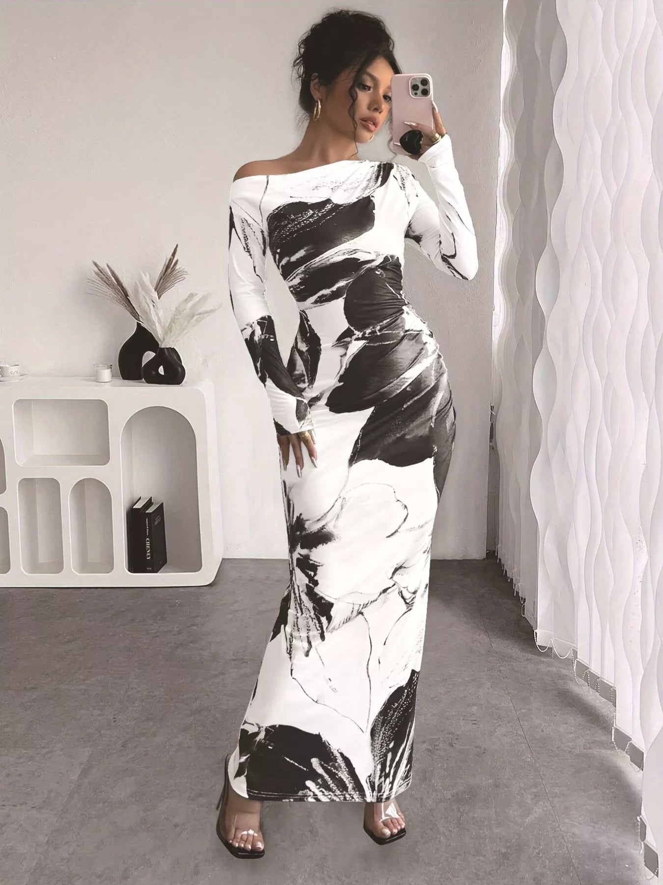Floral One Shoulder Long Sleeve Maxi Dress