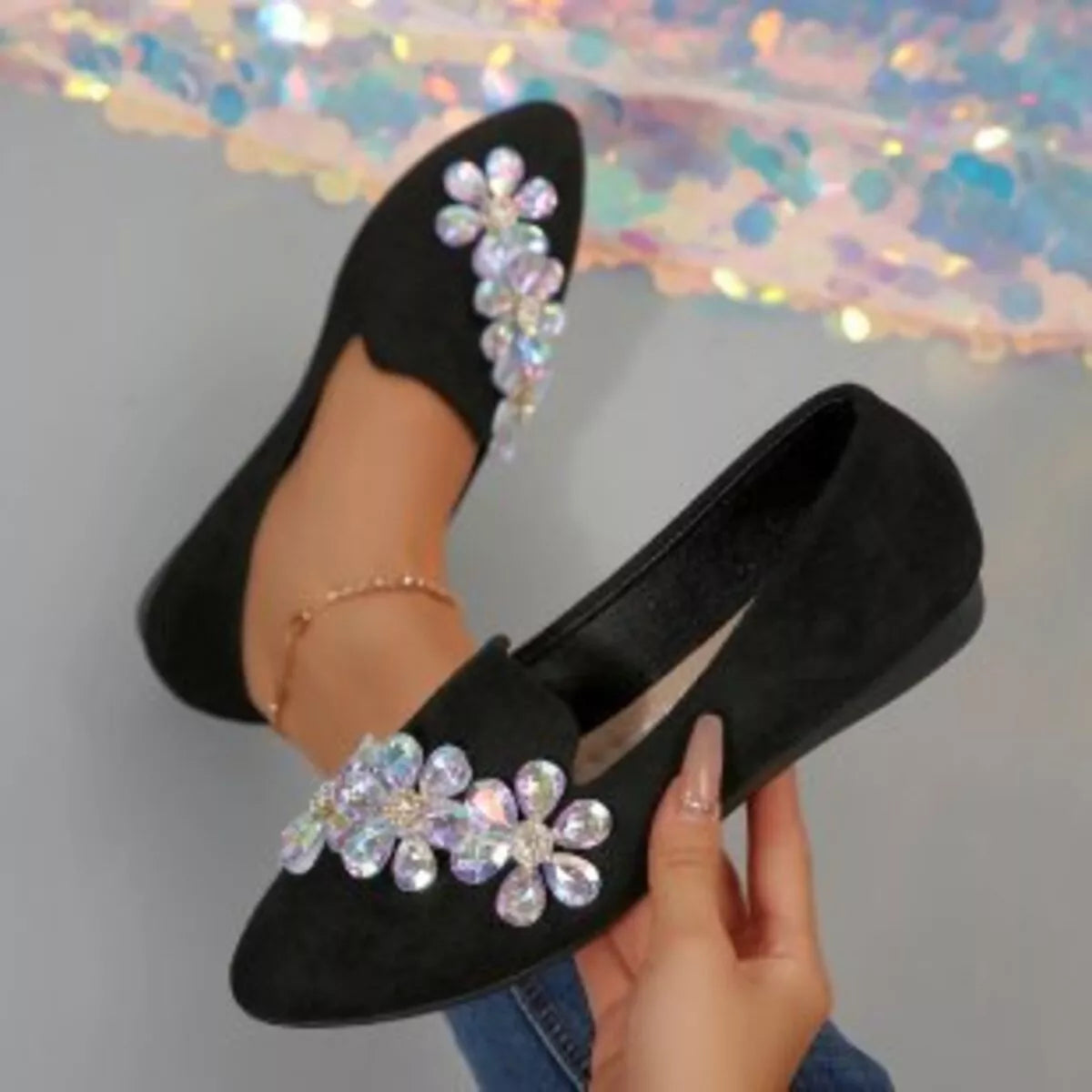 Rhinestone Point Toe Flats Slip-Ons