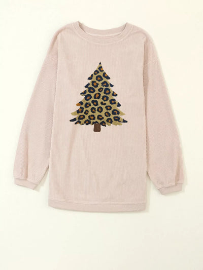 Leopard Christmas Tree Graphic Corded Sweatshirt