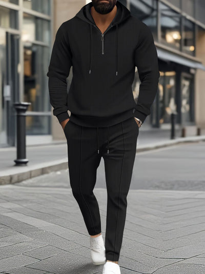 Men's Full Size Waffle-Knit Half Zipper Hoodie and Pants Set Plus Size for Comfort