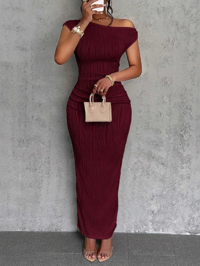 Textured Single Shoulder Bodycon Maxi Dress