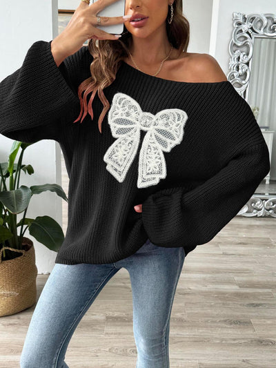 Chic Bow Boat Neck Sweater with Cozy Long Sleeves, Pink