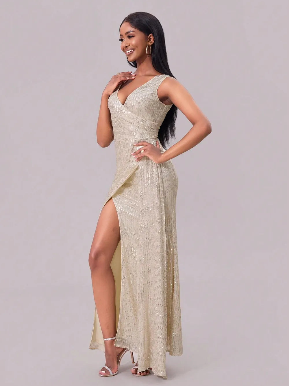 Slit Sequin Surplice Sleeveless Maxi Dress