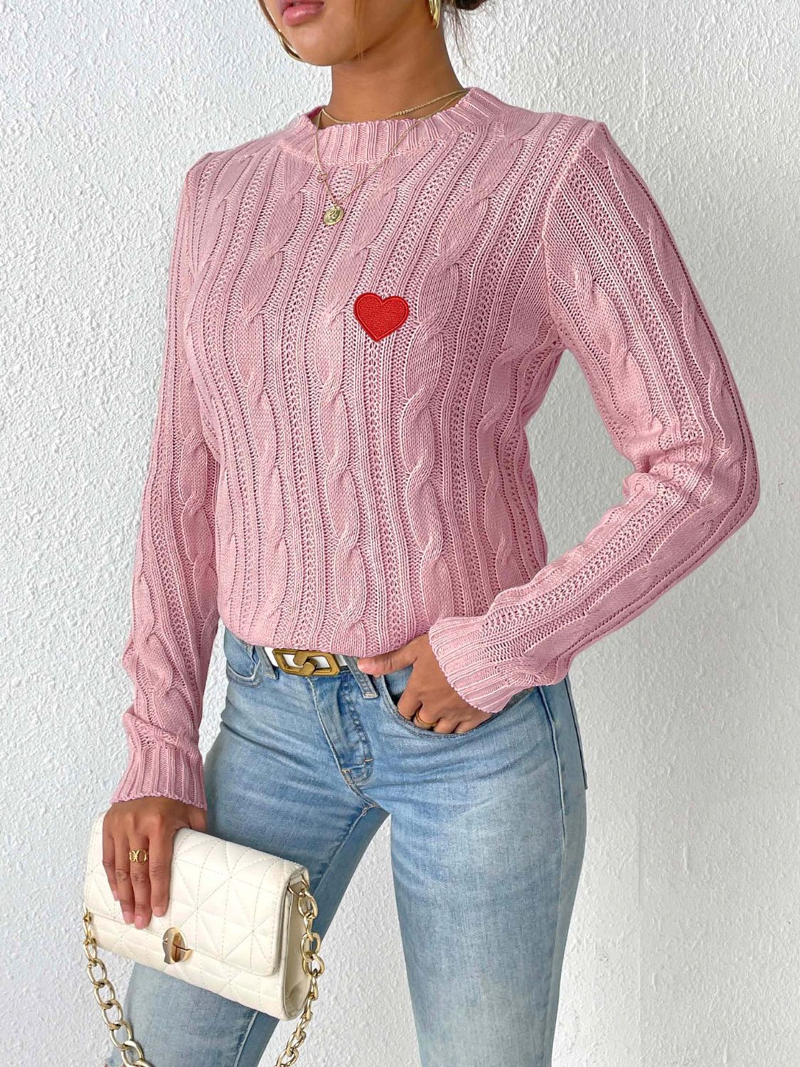 Cozy Cable-Knit Heart Sweater in Soft Pink with Long Sleeves