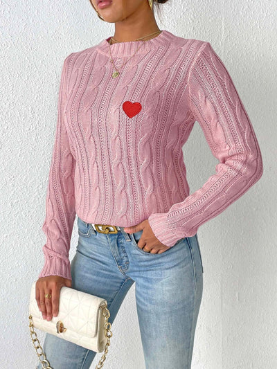 Cozy Cable-Knit Heart Sweater in Soft Pink with Long Sleeves