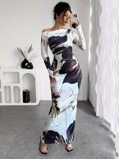 Floral One Shoulder Long Sleeve Maxi Dress