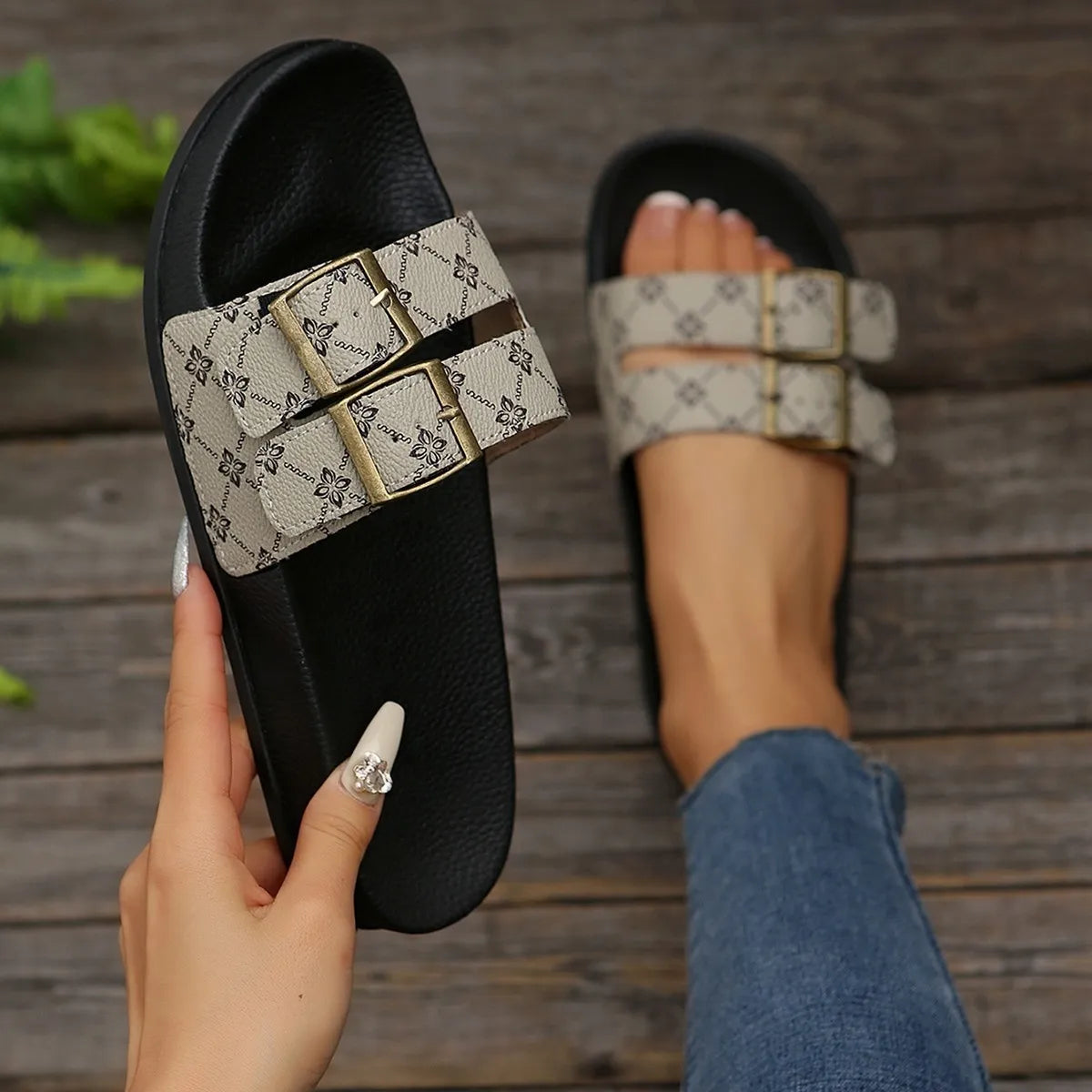 Open Toe Double Buckle Sandals