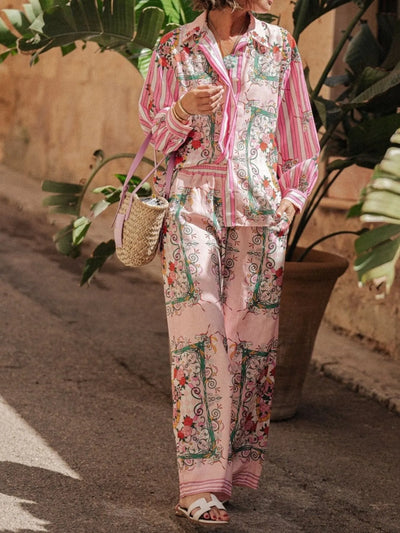 Printed Button Up Shirt and Pants Set