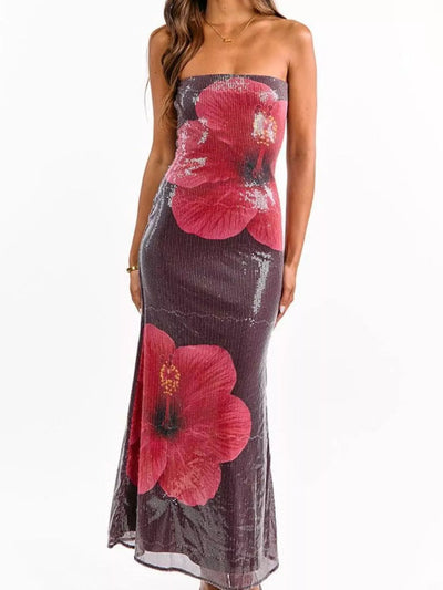 Sequin Flower Tube Maxi Dress