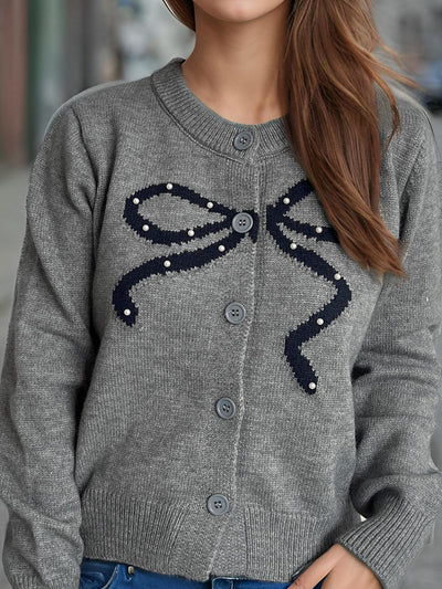 Chic Bow Button Cardigan with Stylish Round Neck Design