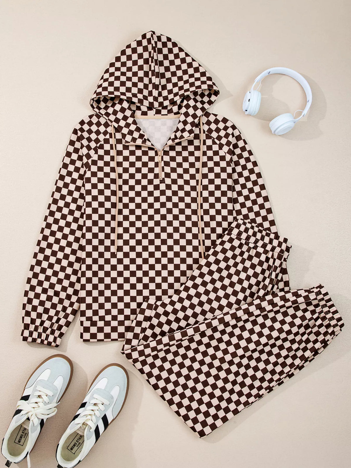 Checkered Drawstring Hoodie and Pants Set
