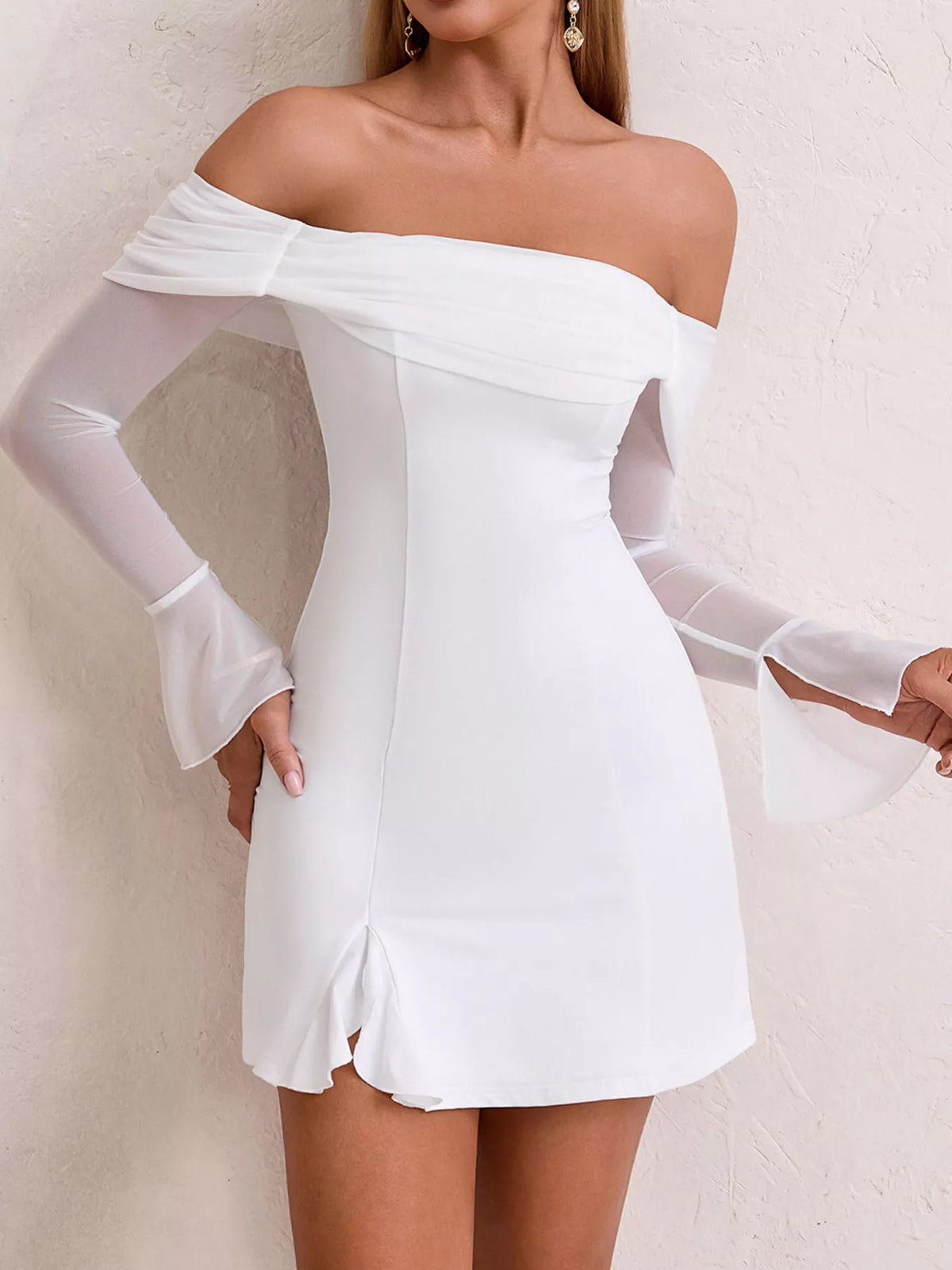 Off-Shoulder Long Sleeve Mesh Slit Mini Dress