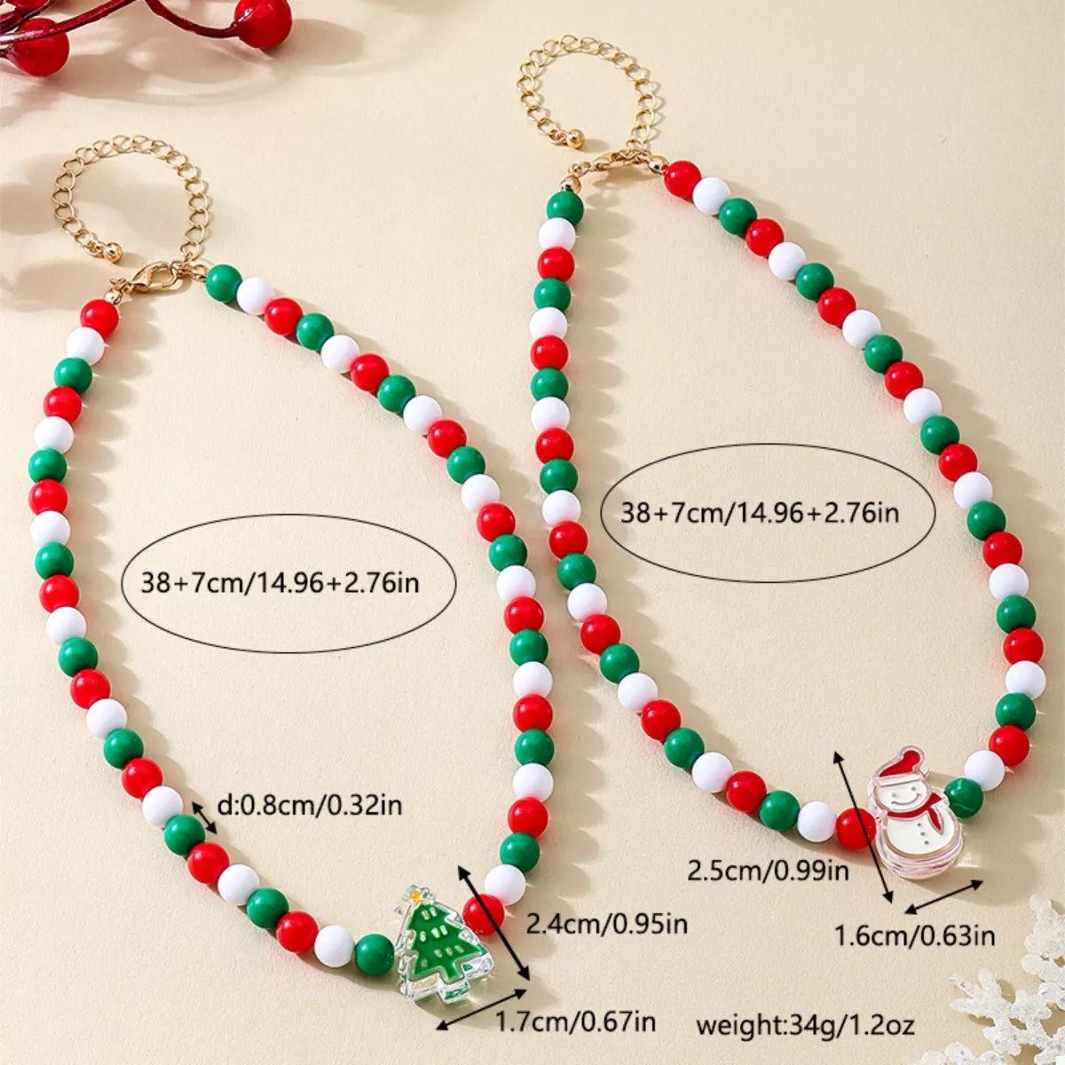 2 Piece Christmas Beaded Necklace with Holiday Charms