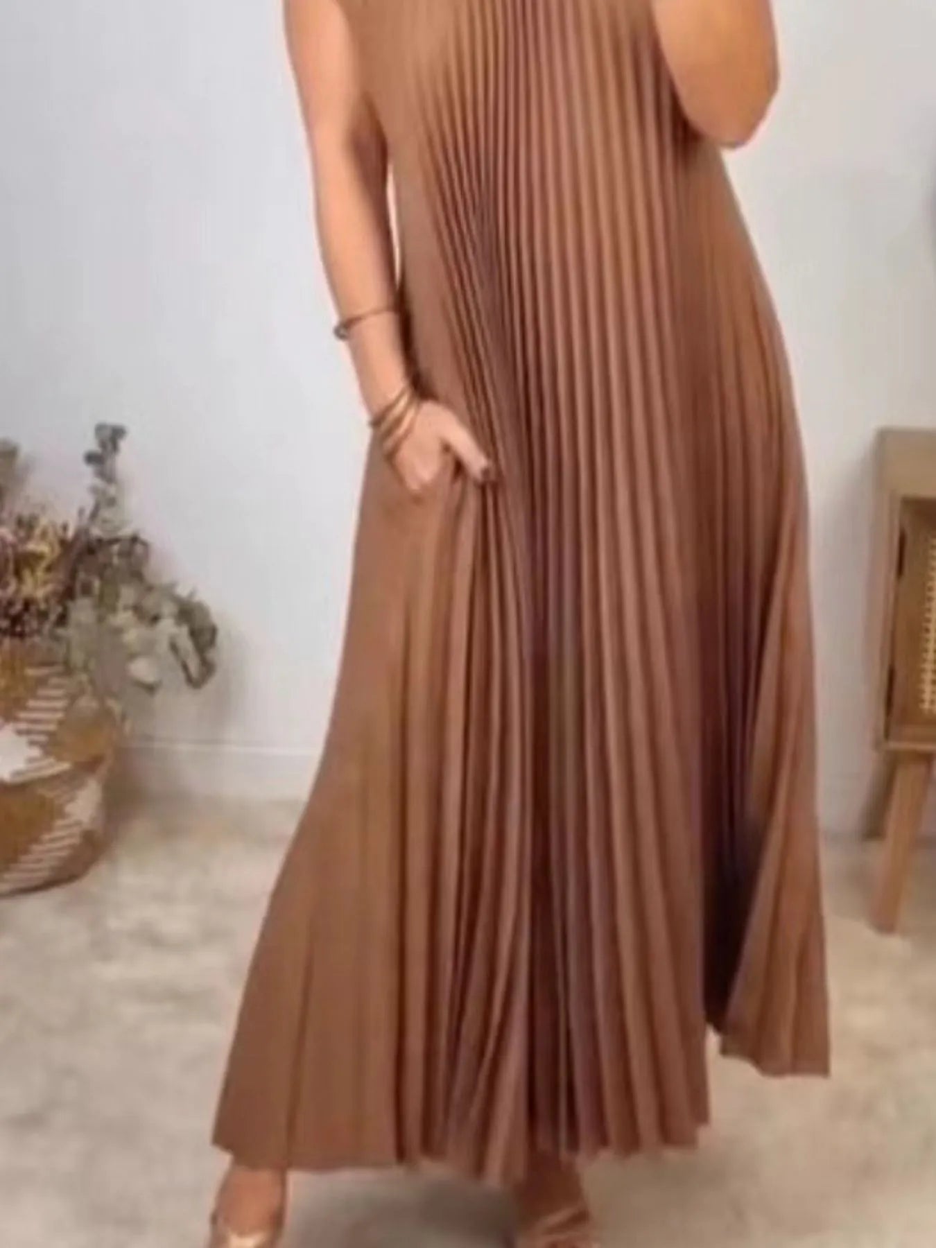 Full Size Pleated Round Neck Maxi Dress Plus Size