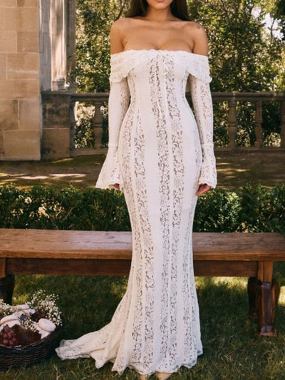 Lace Off-Shoulder Flounce Sleeve Maxi Dress