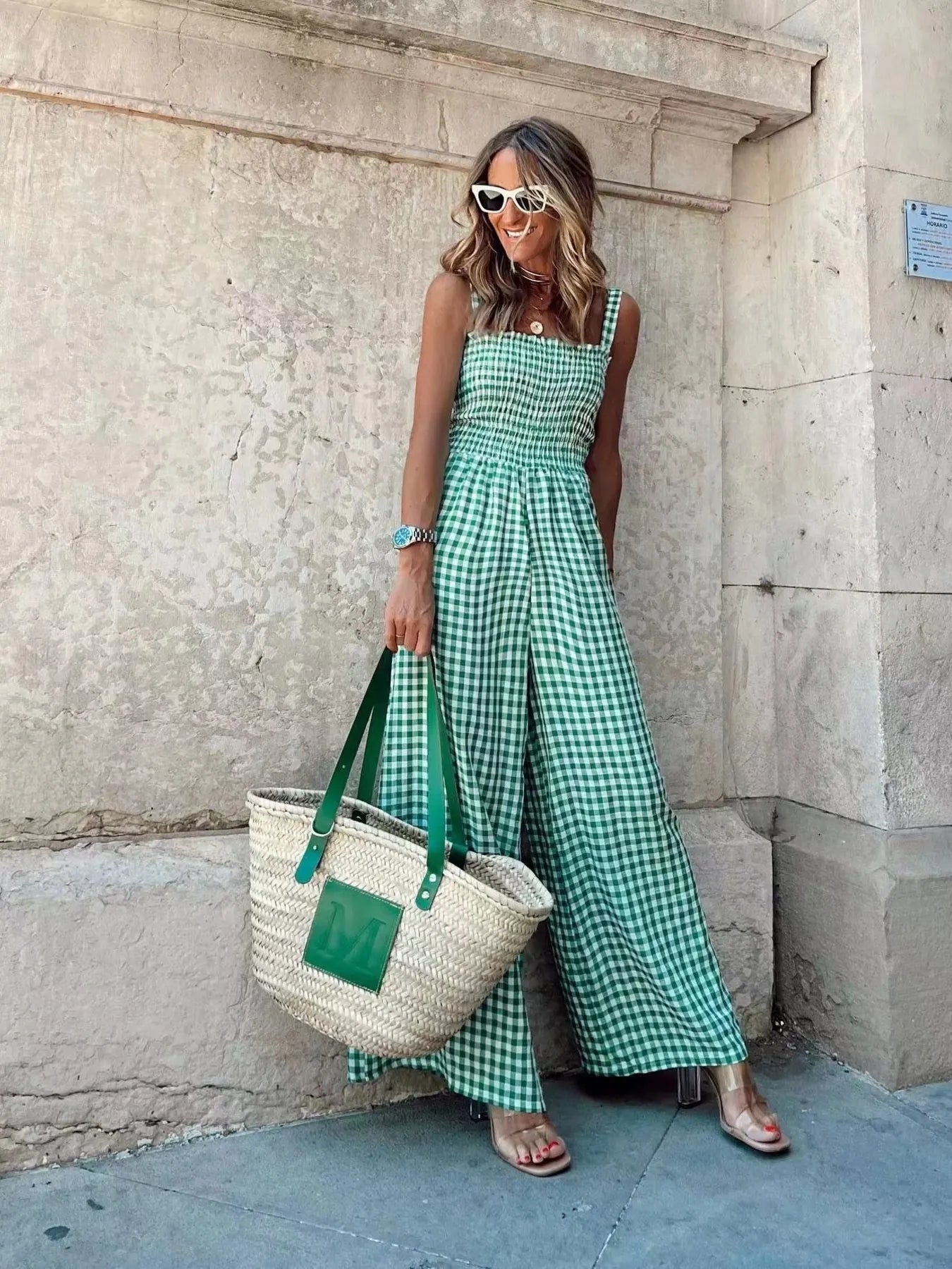 Gingham Smocked Wide-Leg Jumpsuit