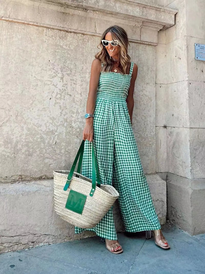 Gingham Smocked Wide-Leg Jumpsuit