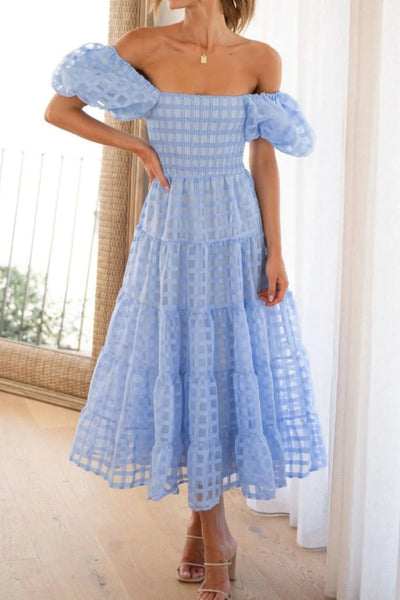 Off Shoulder Short Puff Sleeve Midi Dress
