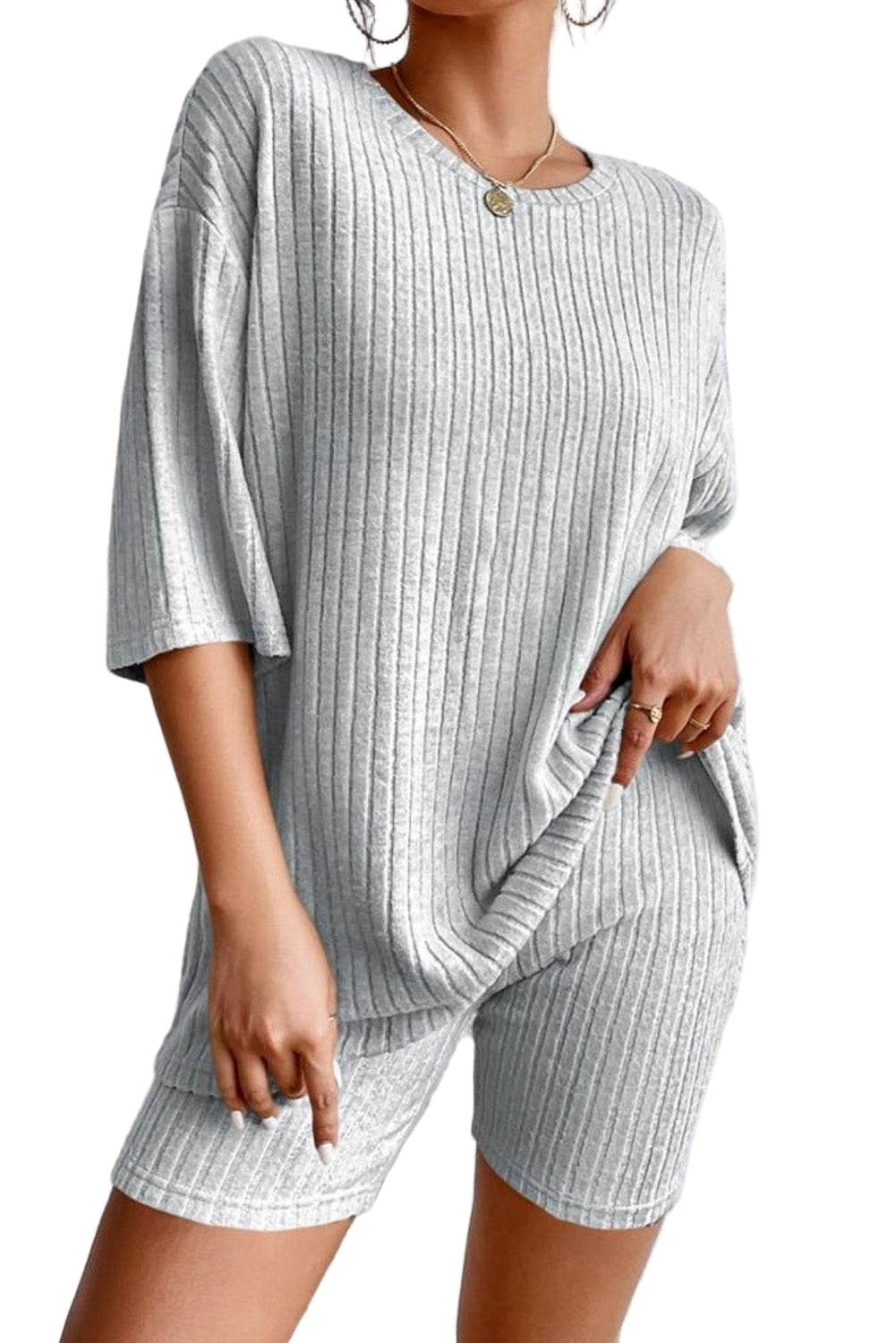 Round Neck Ribbed Top and Shorts Lounge Set