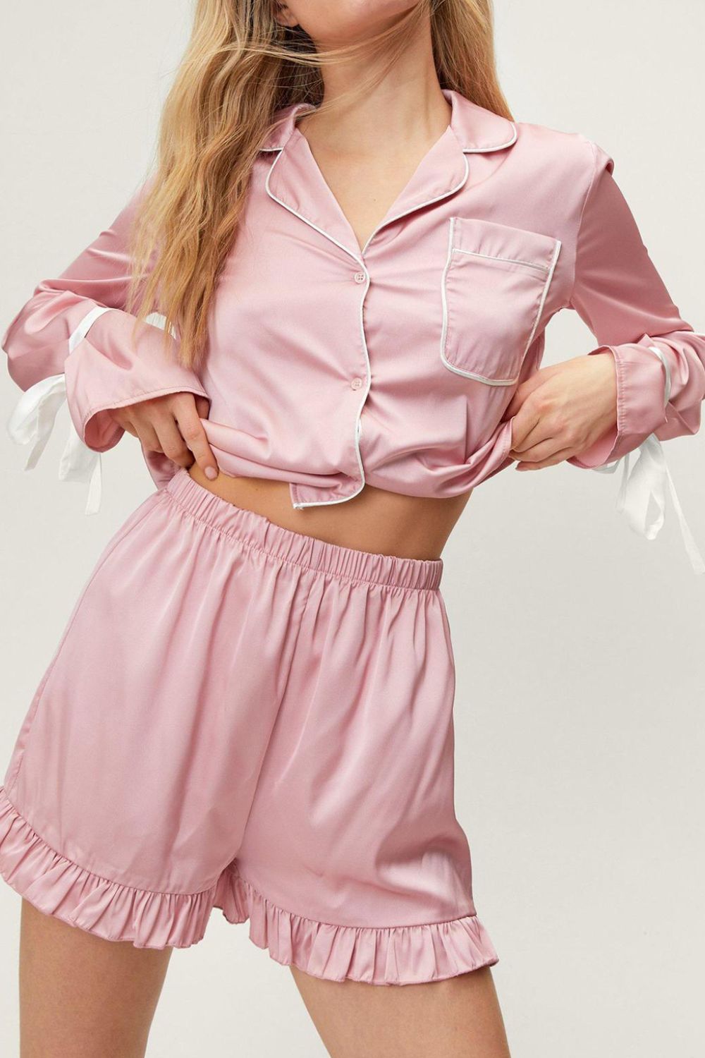 Chic Tied Cuff Collared Lounge Set with Frill Shorts