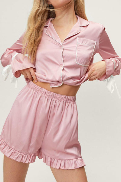 Chic Tied Cuff Collared Lounge Set with Frill Shorts