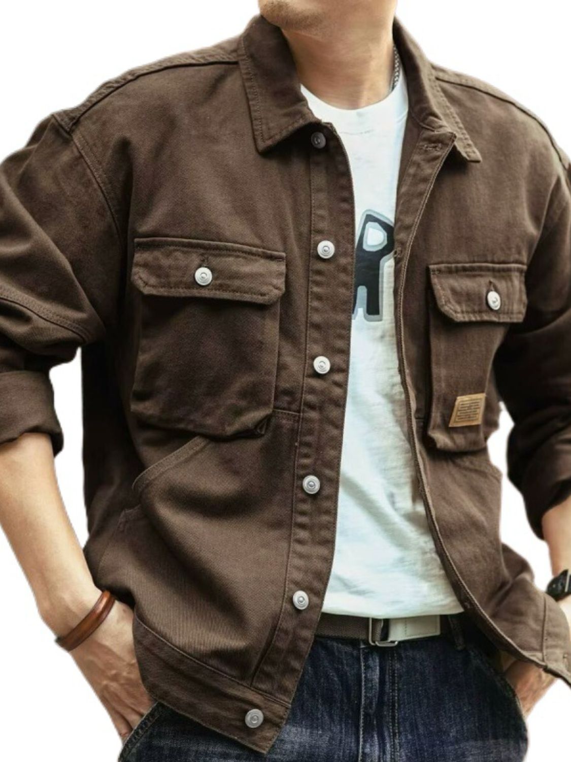 Men's Washed Collared Neck Cargo Jacket for Stylish Comfort