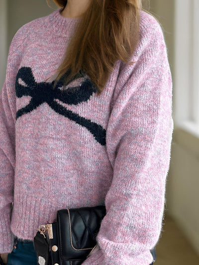 Chic Bow Round Neck Sweater - Soft Knit, Cozy & Versatile
