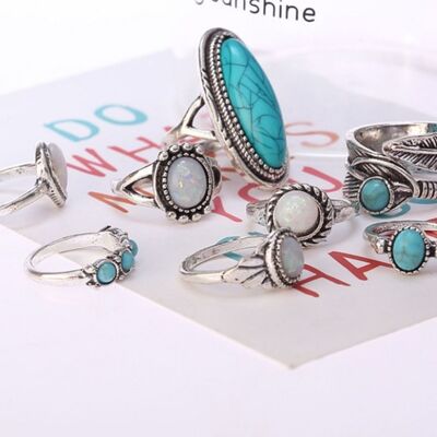 Boho Fashion Alloy Turquoise 8-Piece Stackable Ring Set