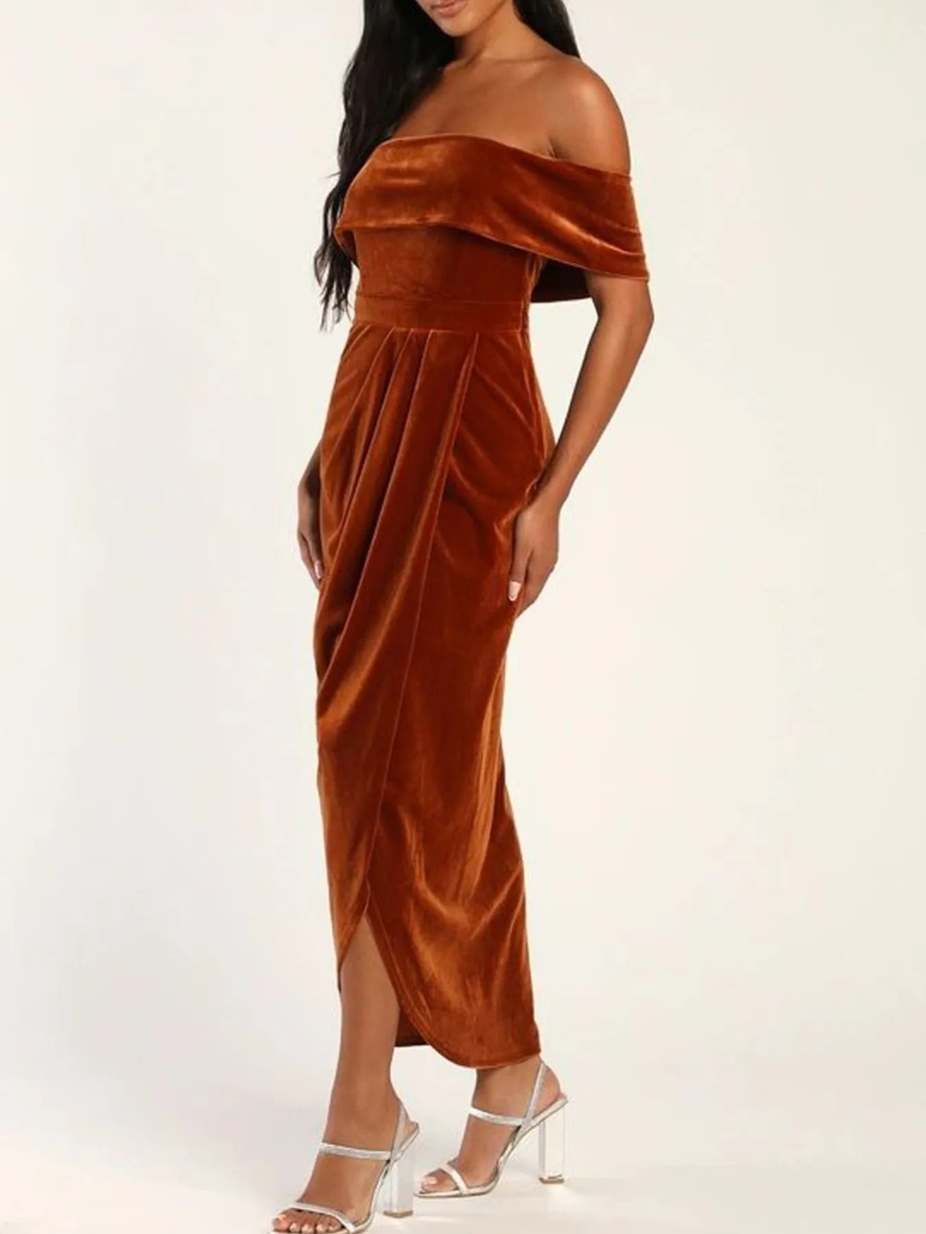 Off-Shoulder Wrap Dress with Side Slit