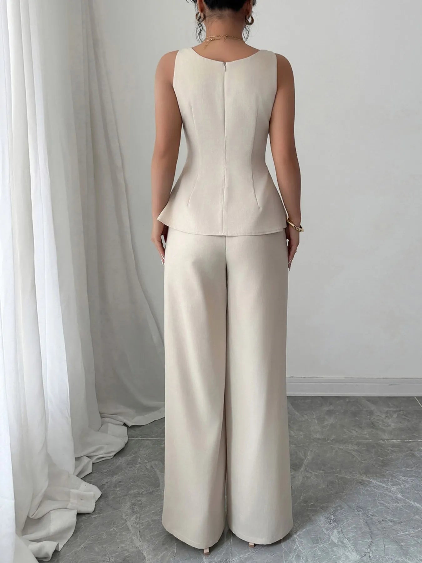 Contrast Piping Top and Wide Leg Pants Set