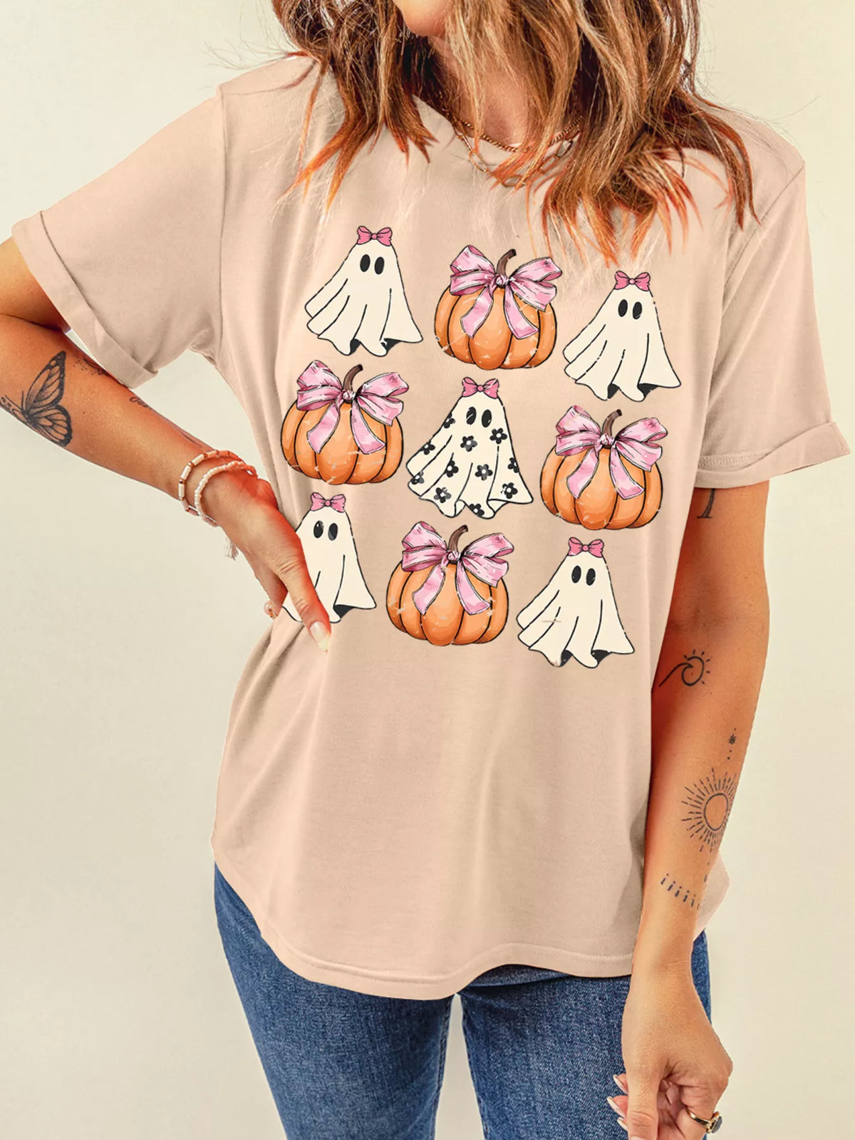Halloween Bowknot Ghost Pumpkin Graphic T Shirt