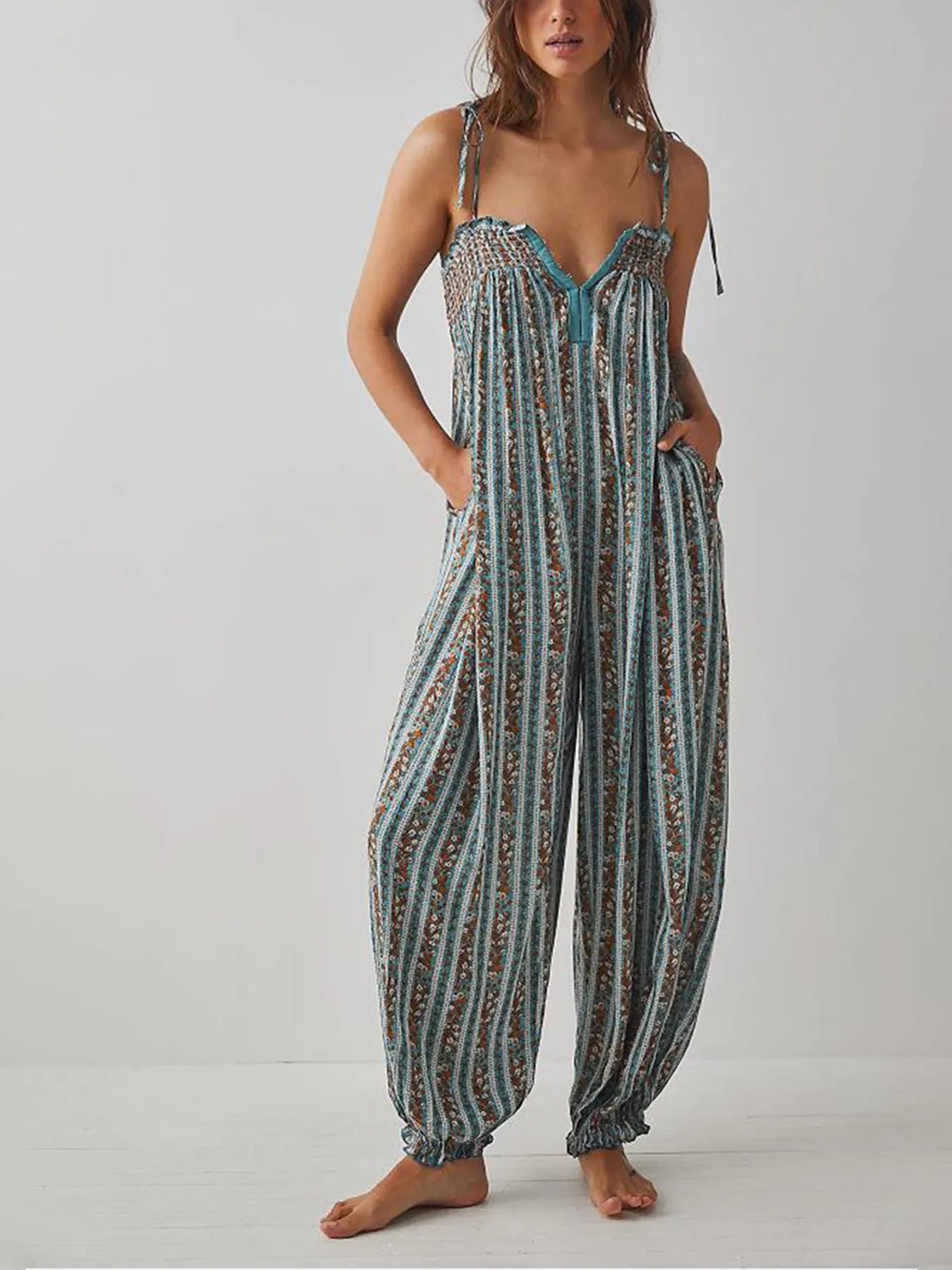 Smocked Tie Shoulder Jumpsuit