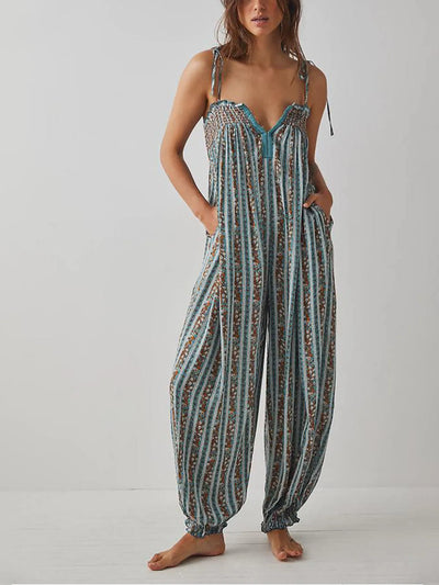 Smocked Tie Shoulder Jumpsuit