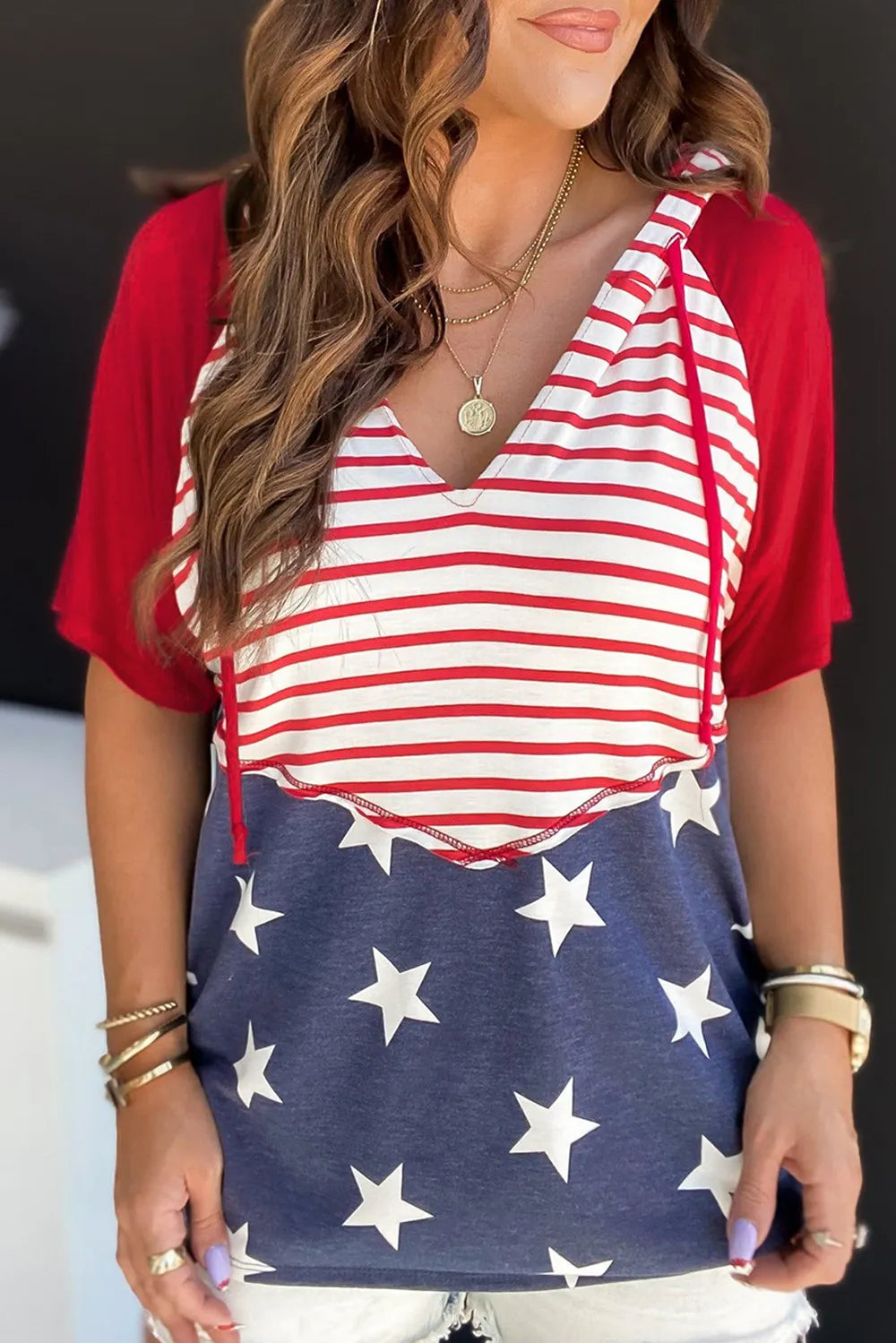 Stars and Stripes Print Drawstring Hoodie