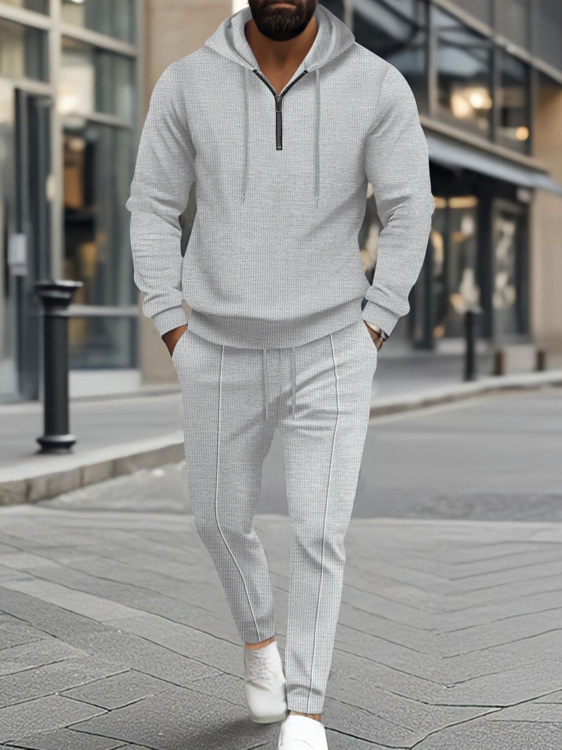 Men's Full Size Waffle-Knit Half Zipper Hoodie and Pants Set Plus Size for Comfort