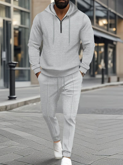 Men's Full Size Waffle-Knit Half Zipper Hoodie and Pants Set Plus Size for Comfort