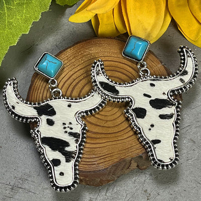 Western Boho Chic Turquoise Bull Head Dangle Earrings