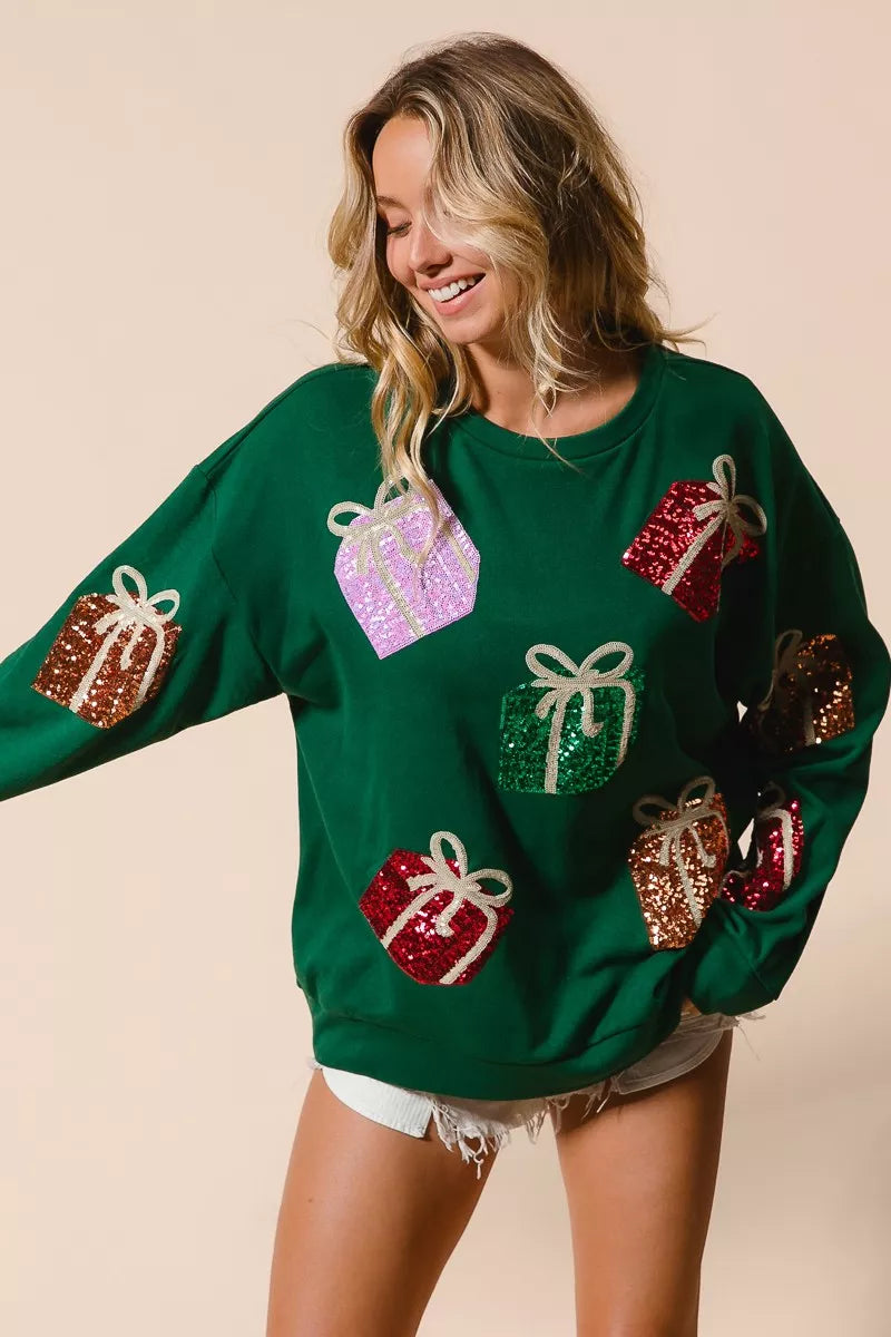 BiBi Sequin Christmas Gift Box Embroideries Pullover