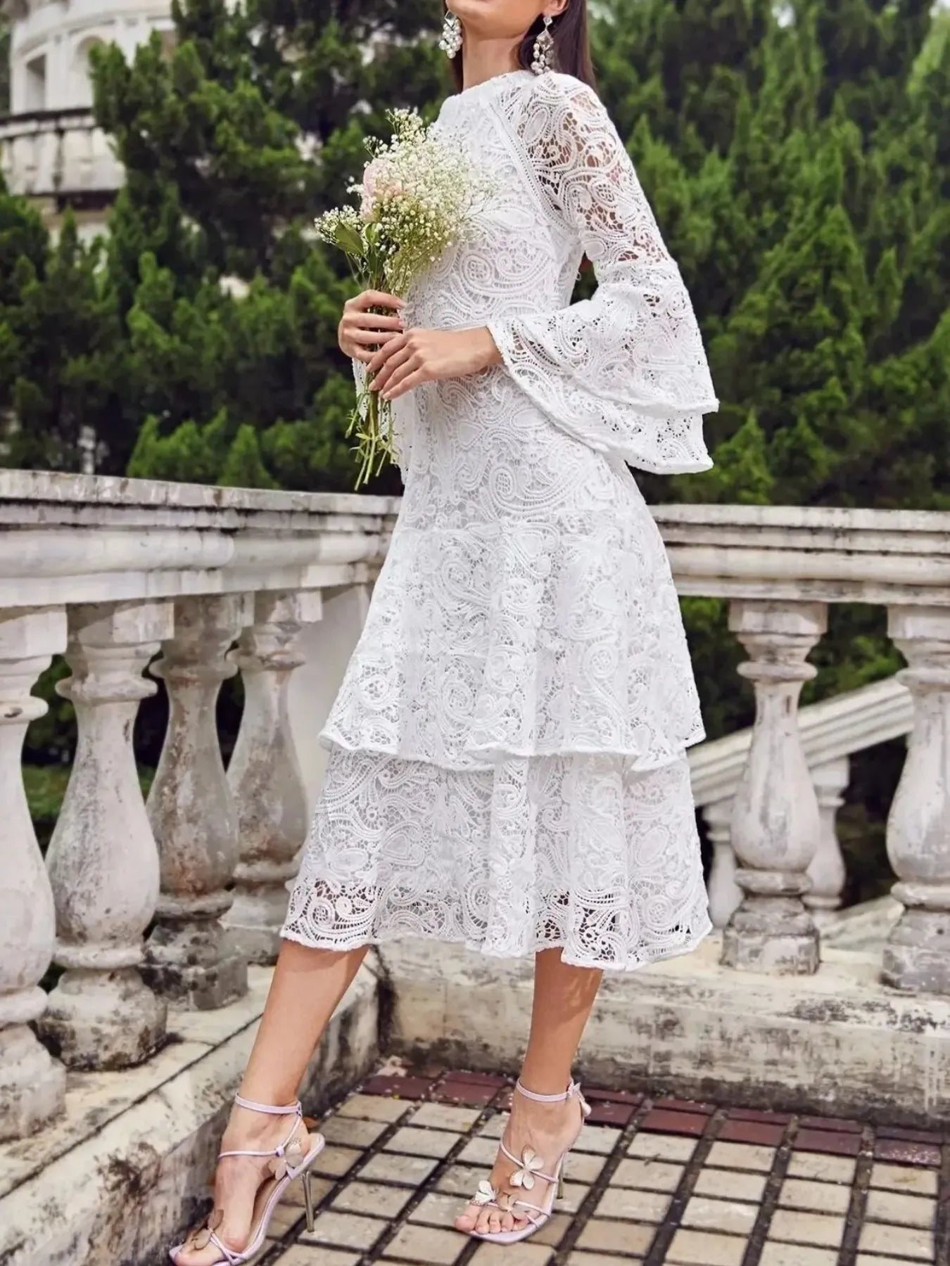 Lace Layered Flare Sleeve Dress