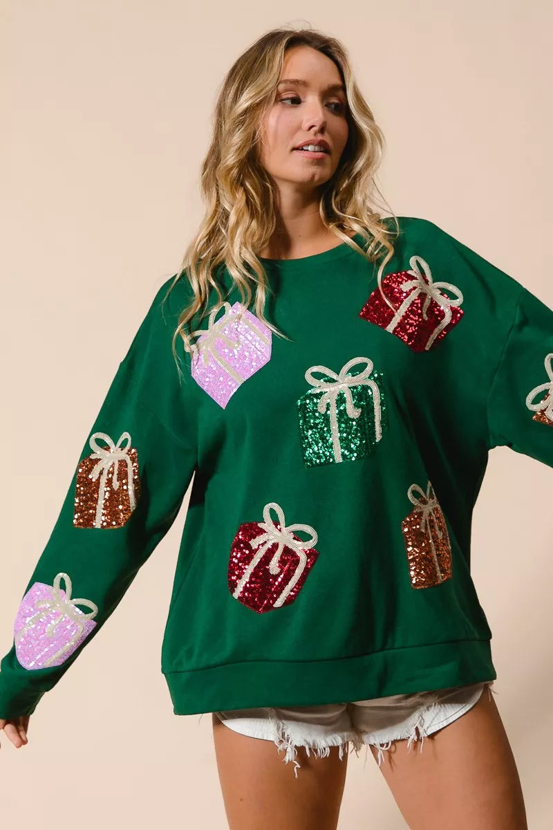 BiBi Sequin Christmas Gift Box Embroideries Pullover